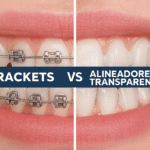 Comparación de ortodoncia con detalle dental: a la izquierda, dientes con brackets metálicos tradicionales; a la derecha, dientes con alineadores transparentes tipo Invisalign, mostrando claramente las diferencias en estética y diseño.