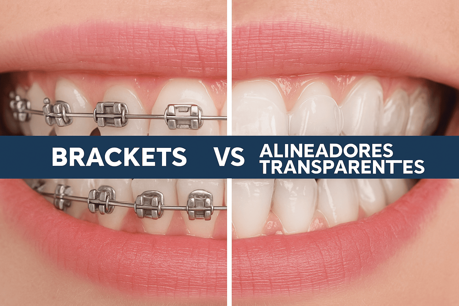 Comparación de ortodoncia con detalle dental: a la izquierda, dientes con brackets metálicos tradicionales; a la derecha, dientes con alineadores transparentes tipo Invisalign, mostrando claramente las diferencias en estética y diseño.